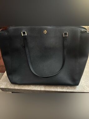 Tory Burch Black Saffiano Tote with Gold Logo